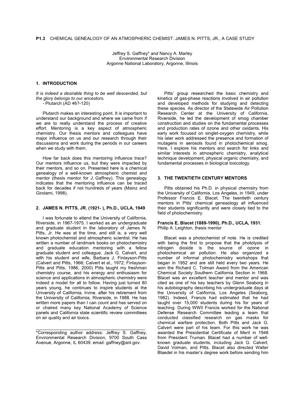 P1.3 Chemical Genealogy of an Atmospheric Chemist: James N. Pitts, Jr., a Case Study