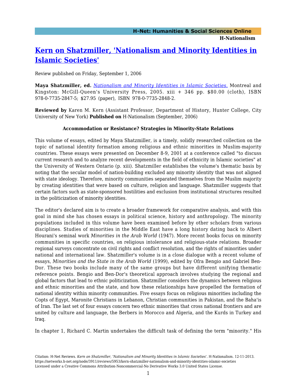 Nationalism and Minority Identities in Islamic Societies'
