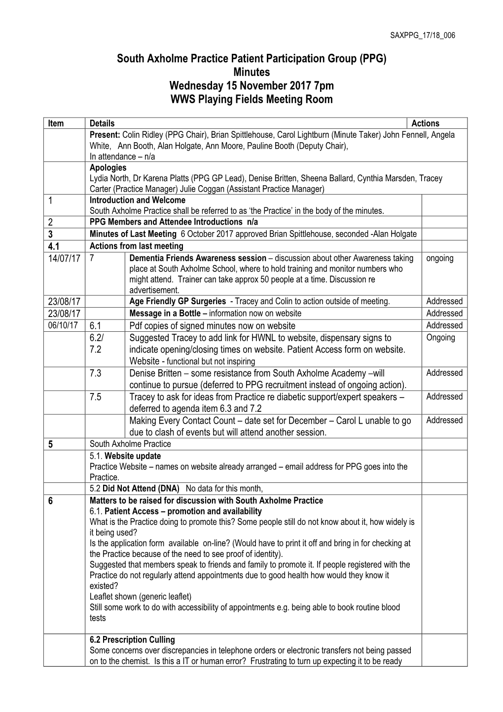 South Axholme Practice Patient Participation Group (PPG) Minutes Wednesday 15 November 2017 7Pm WWS Playing Fields Meeting Room