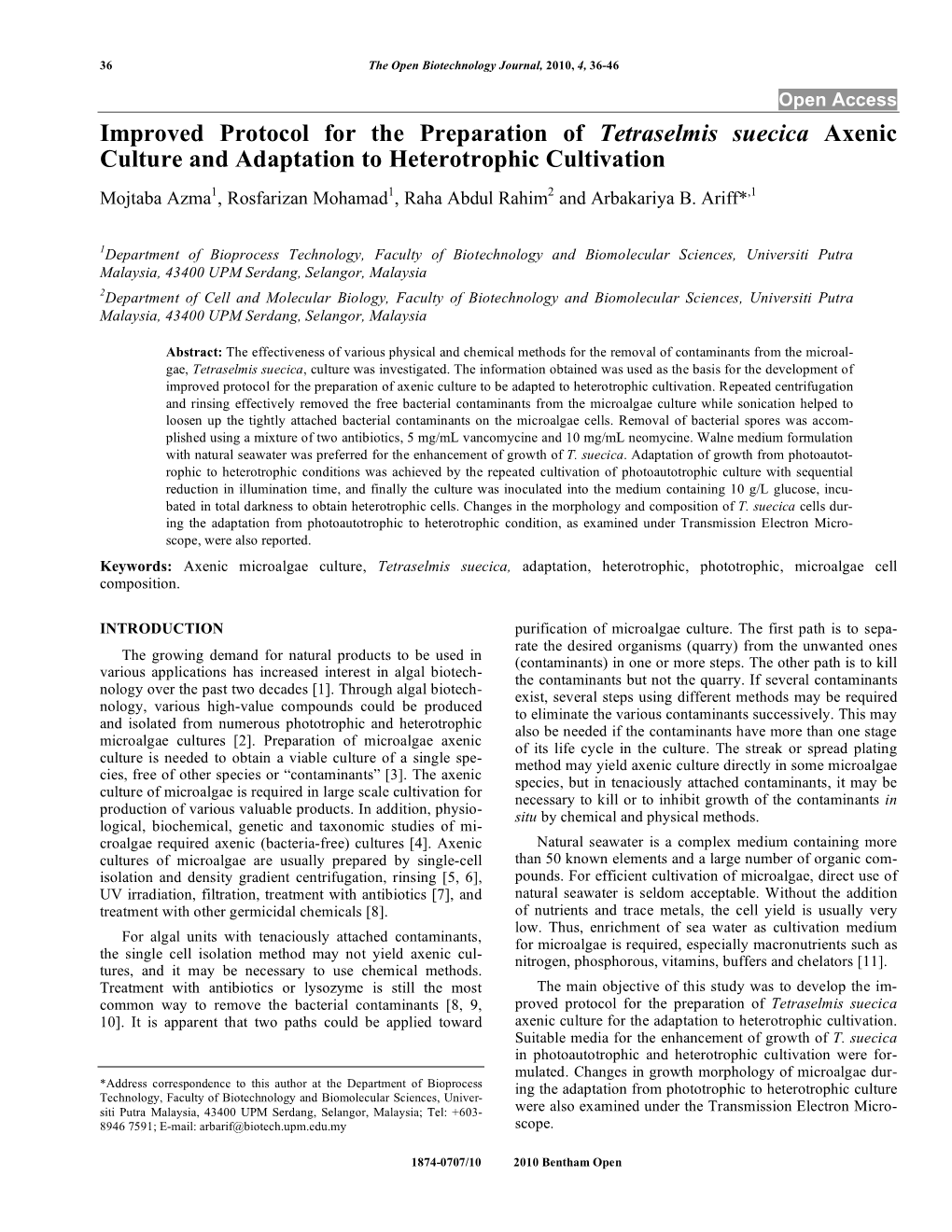 Improved Protocol for the Preparation of Tetraselmis Suecica Axenic