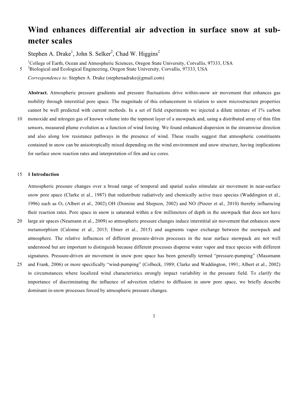 Wind Enhances Differential Air Advection in Surface Snow at Sub- Meter Scales Stephen A