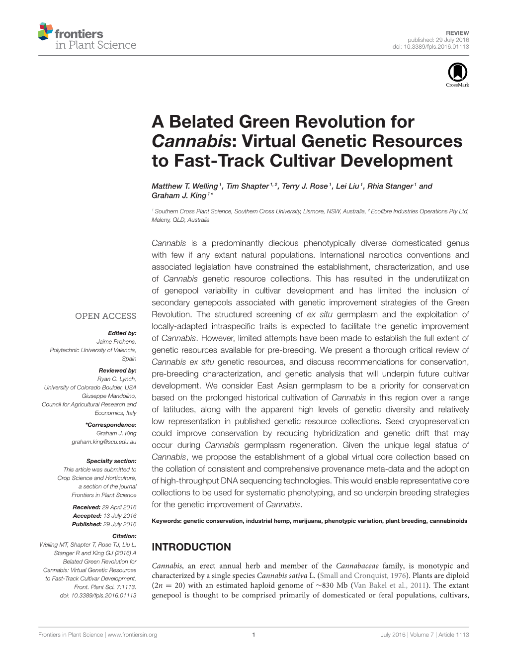 A Belated Green Revolution for Cannabis: Virtual Genetic Resources to Fast-Track Cultivar Development