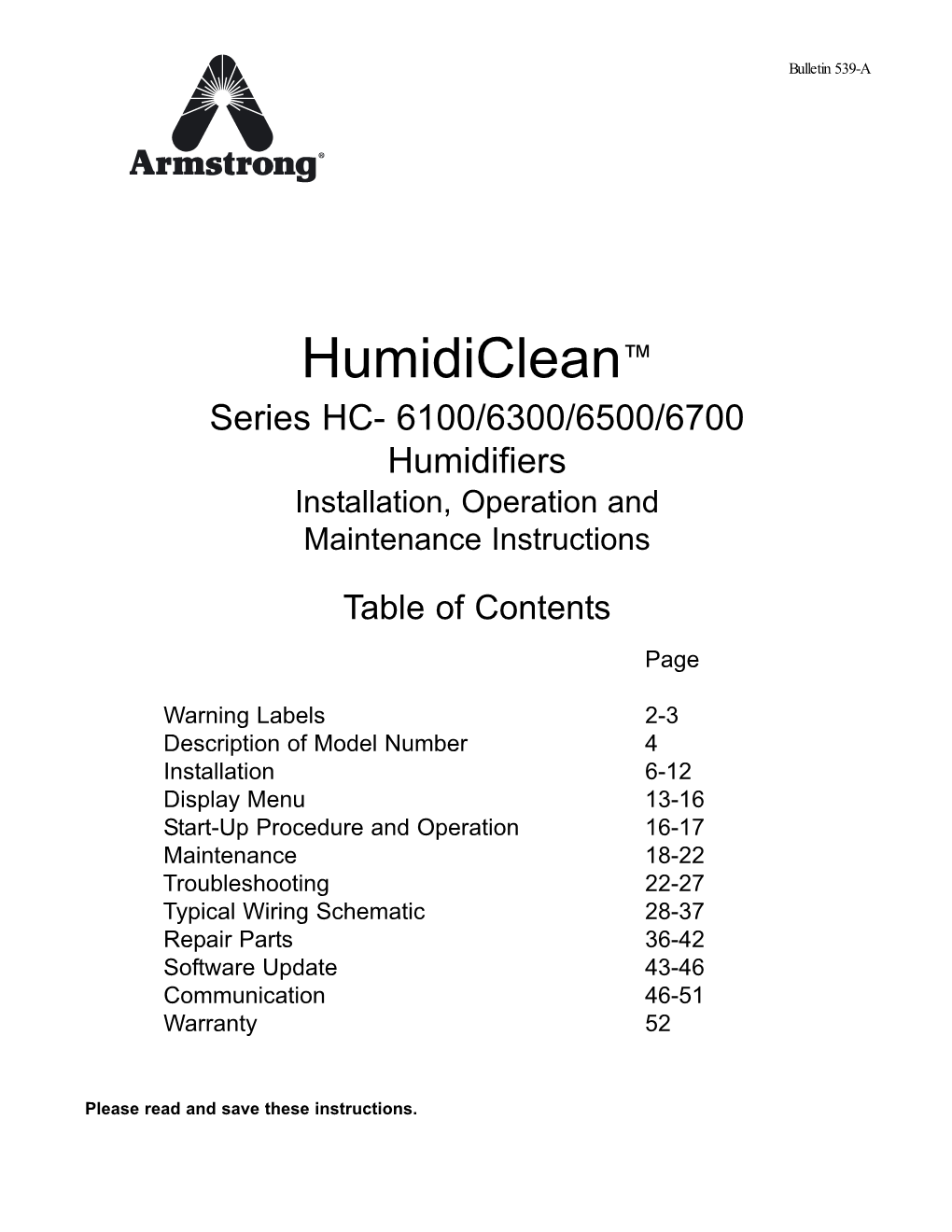 Armstrong HC-6100 Humidifier Owners Manual