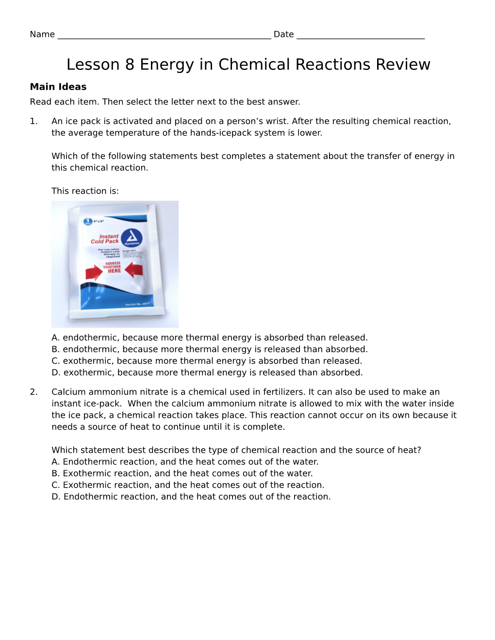 Lesson 8 Energy in Chemical Reactions Review