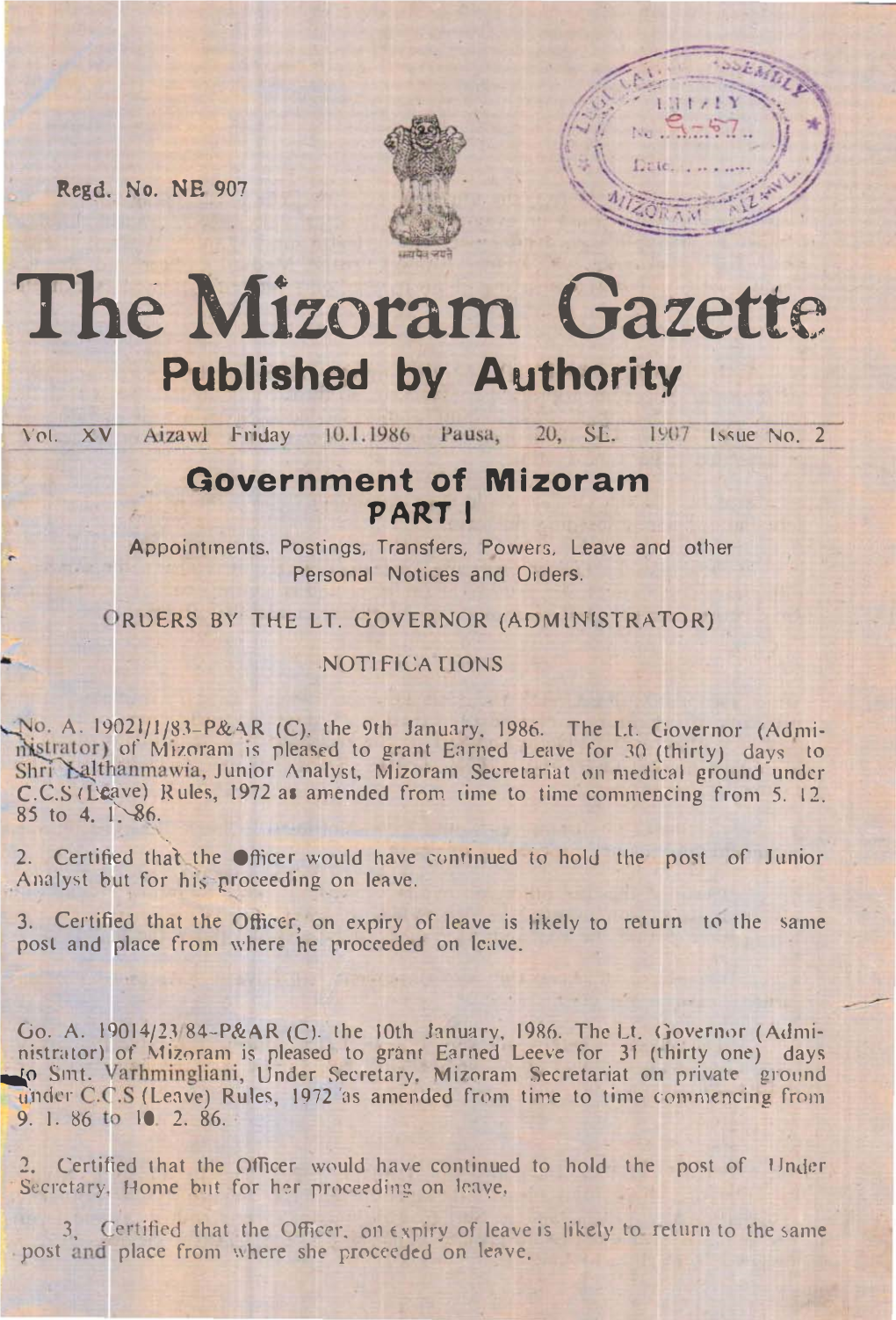 The Mizoram Gazette Published by Authority