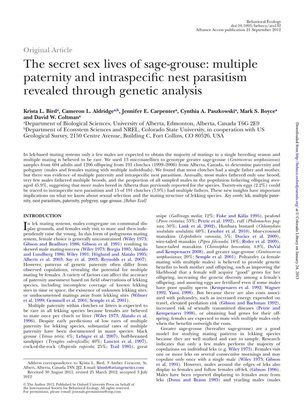 The Secret Sex Lives of Sage-Grouse: Multiple Paternity and Intraspecific Nest Parasitism Revealed Through Genetic Analysis