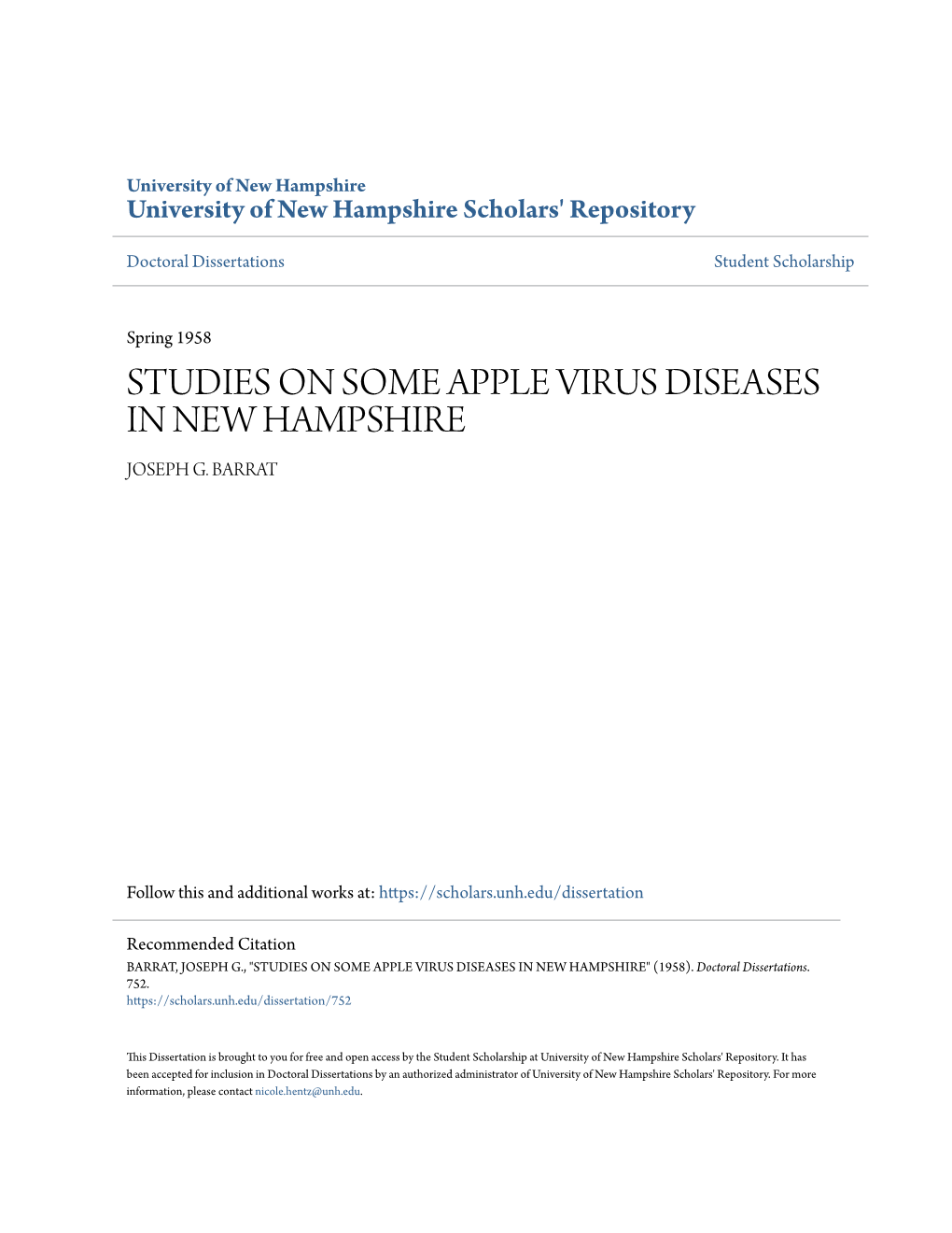 Studies on Some Apple Virus Diseases in New Hampshire Joseph G