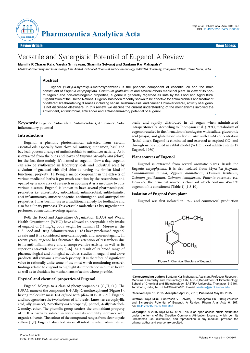 Versatile and Synergistic Potential of Eugenol