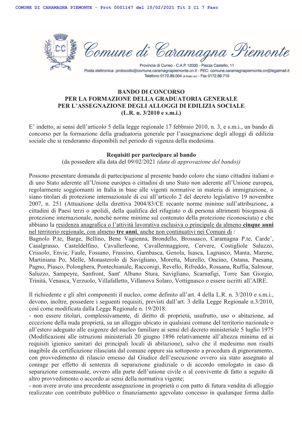 Bando Di Concorso Per La Formazione Della Graduatoria Generale Per L’Assegnazione Degli Alloggi Di Edilizia Sociale (L.R