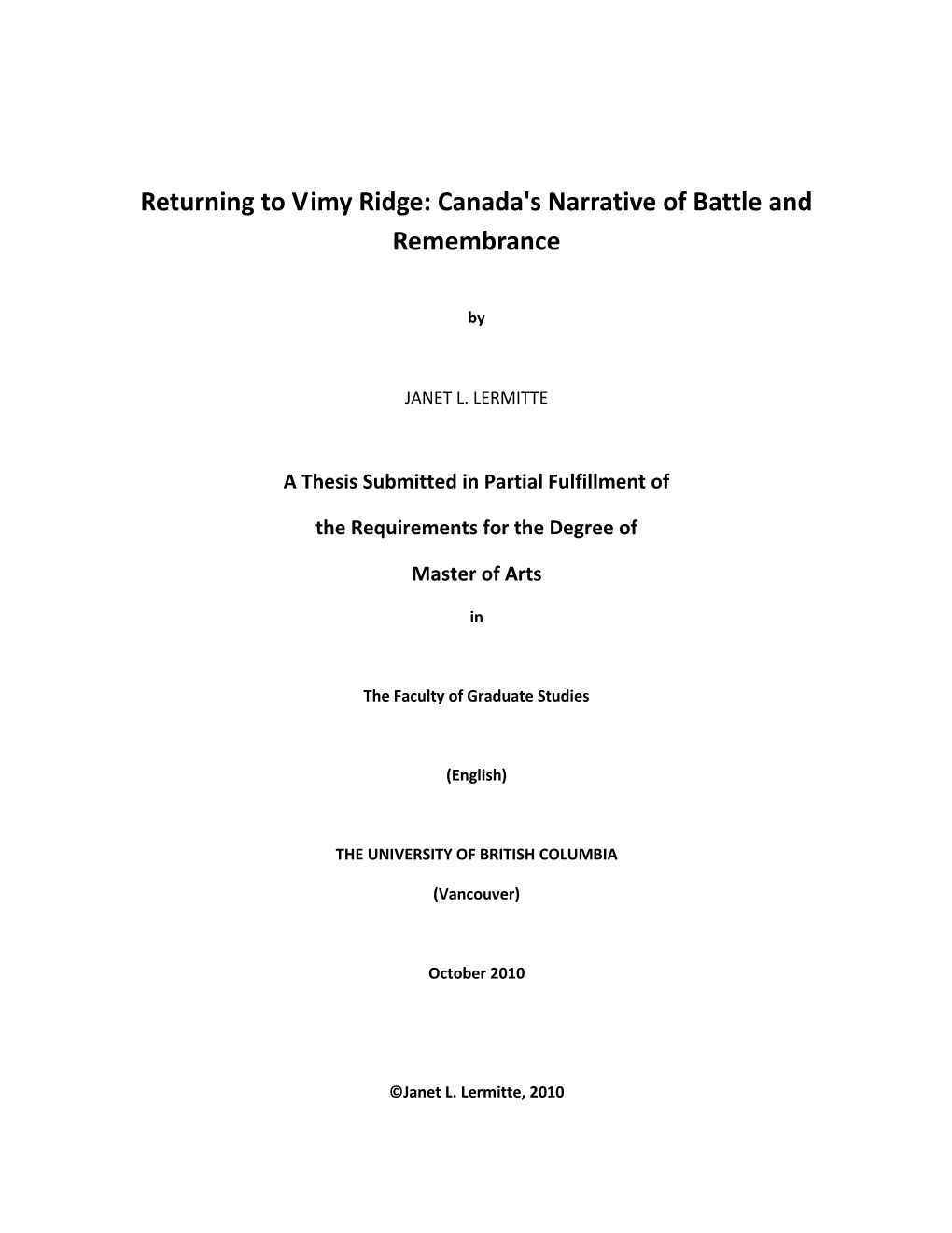 Returning to Vimy Ridge: Canada's Narrative of Battle and Remembrance