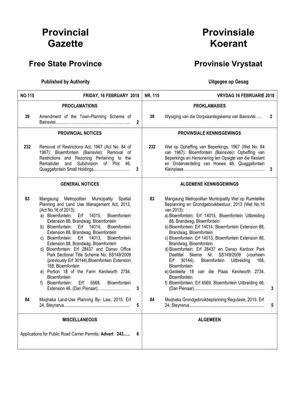 Provincial Gazette Provinsiale Koerant