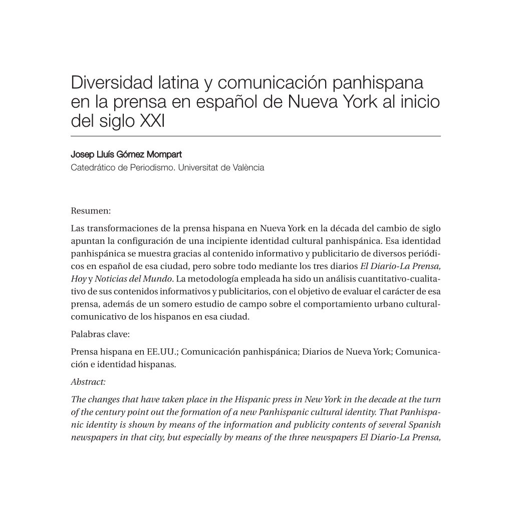 Diversidad Latina Y Comunicación Panhispana En La Prensa En Español De Nueva York Al Inicio Del Siglo XXI