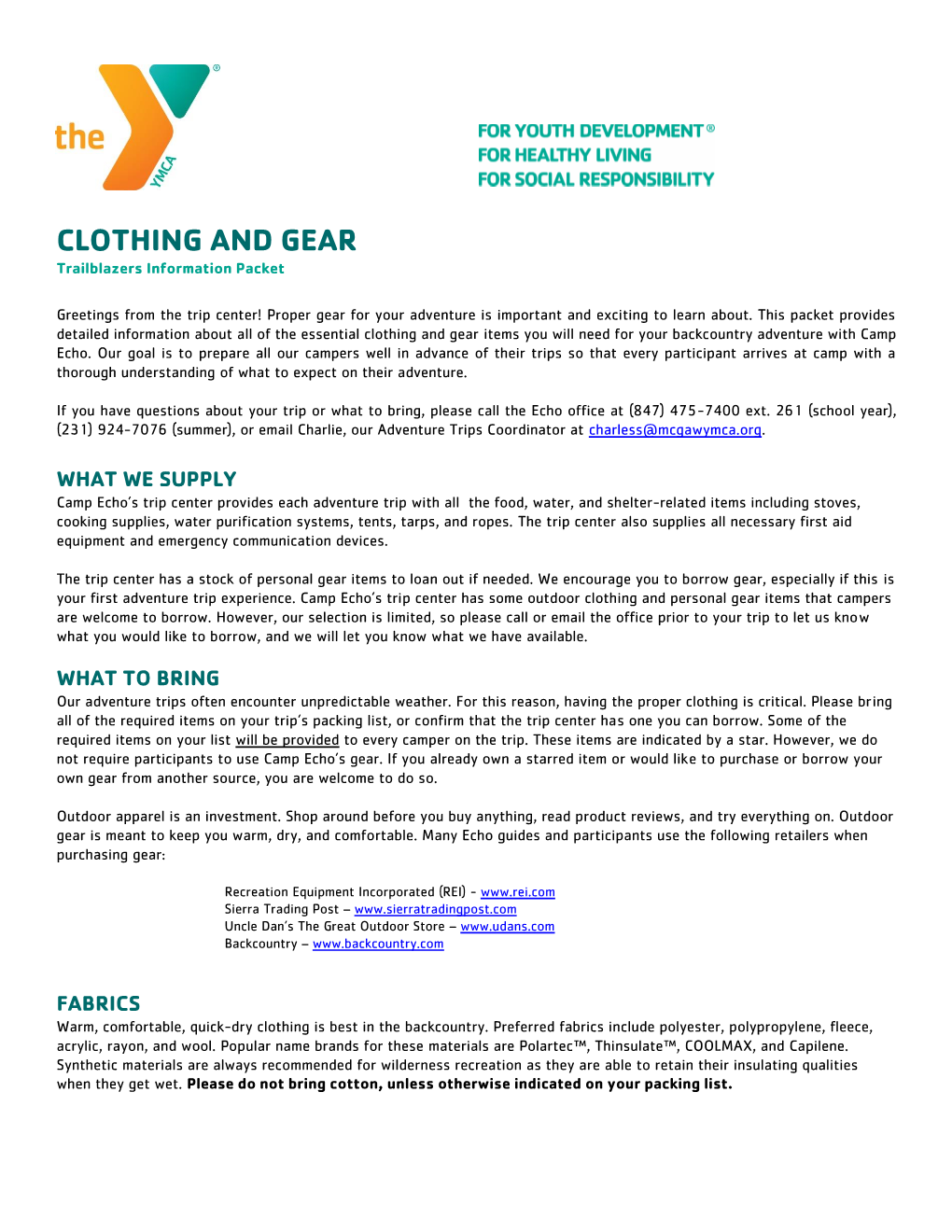 CLOTHING and GEAR Trailblazers Information Packet