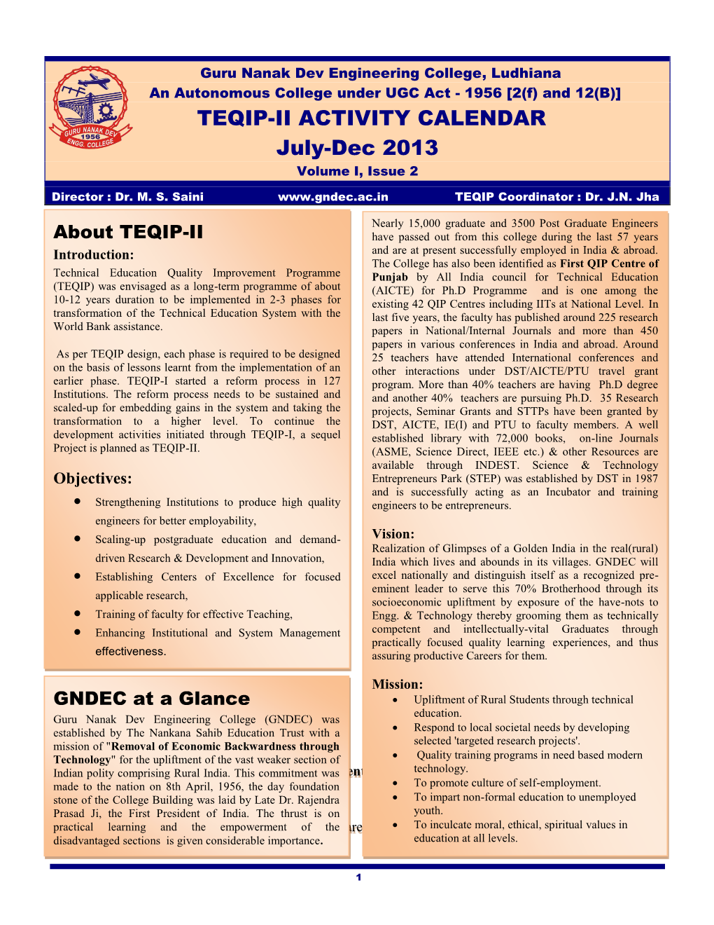 TEQIP-II ACTIVITY CALENDAR July-Dec 2013 Volume I, Issue 2