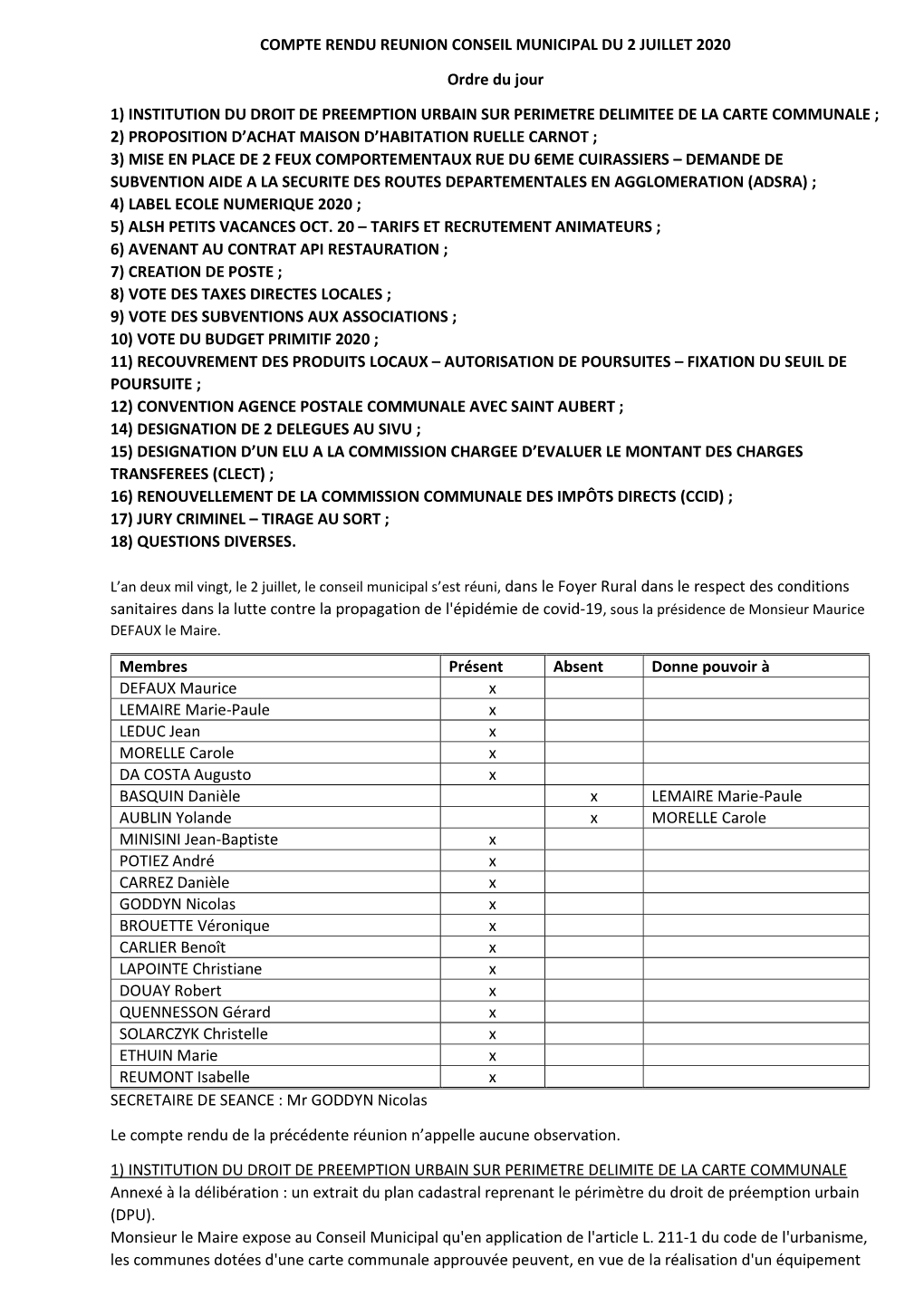 COMPTE RENDU REUNION CONSEIL MUNICIPAL DU 2 JUILLET 2020 Ordre Du Jour 1) INSTITUTION DU DROIT DE PREEMPTION URBAIN SUR PERIMETR