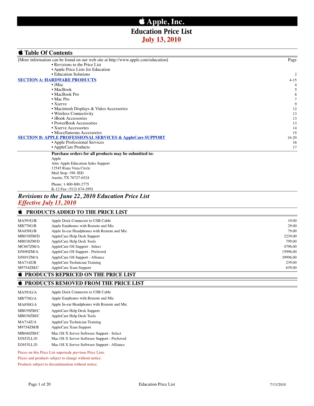 Apple, Inc. Education Price List July 13, 2010