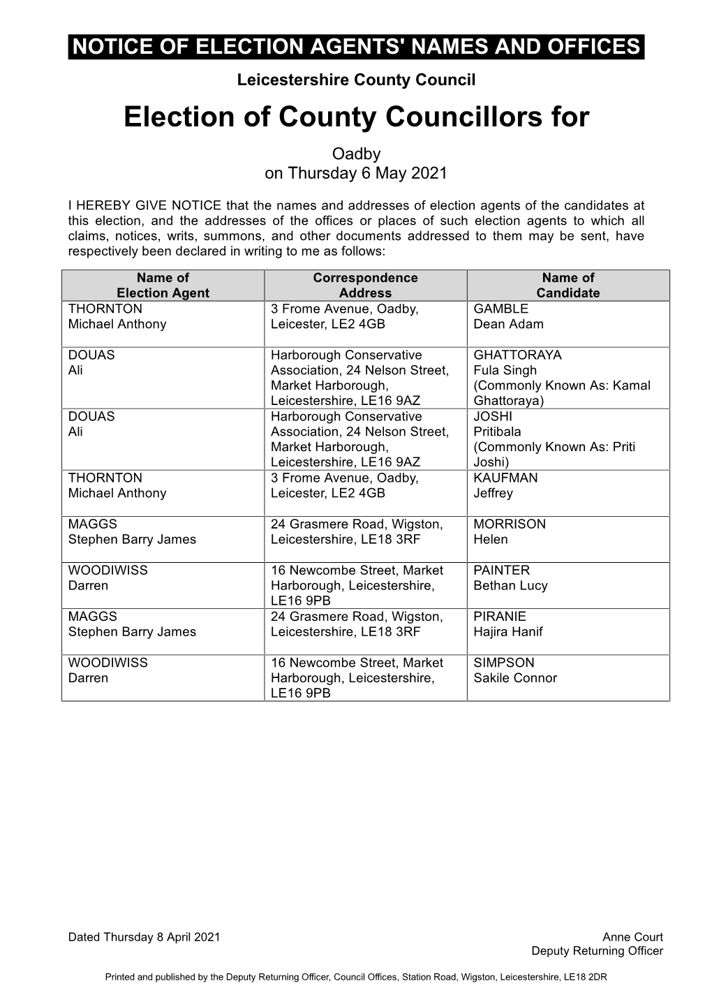 Election of County Councillors to Leicestershire County Council