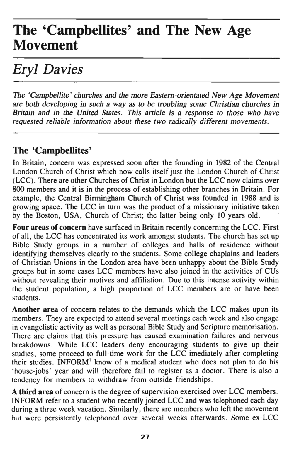 The 'Campbellites' and the New Age Movement Eryj Davies