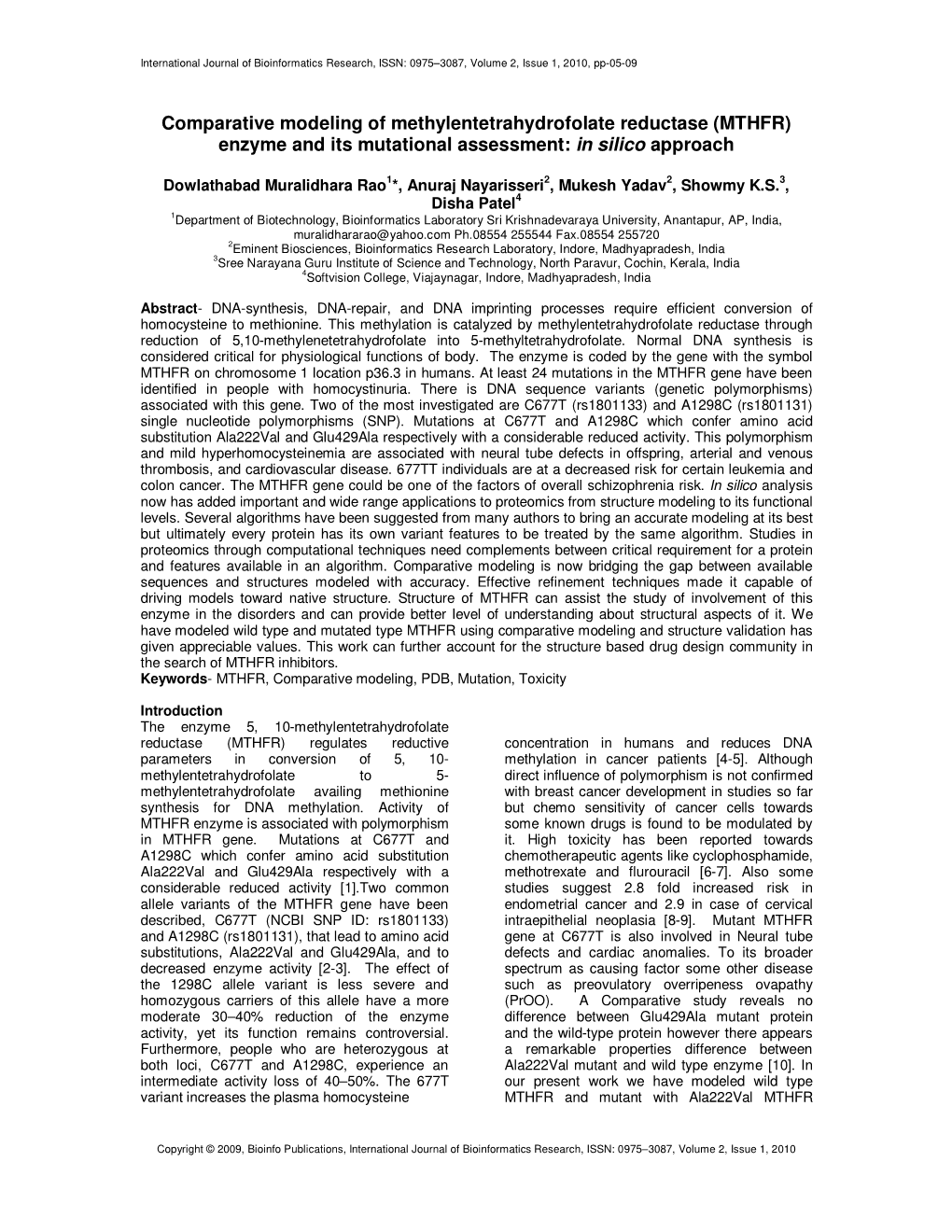 Comparative Modeling of Methylentetrahydrofolate Reductase (MTHFR) Enzyme and Its Mutational Assessment: in Silico Approach