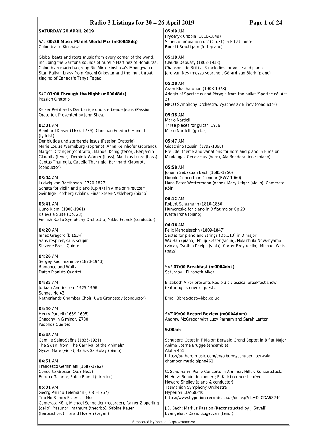 Radio 3 Listings for 20 – 26 April 2019 Page 1 Of