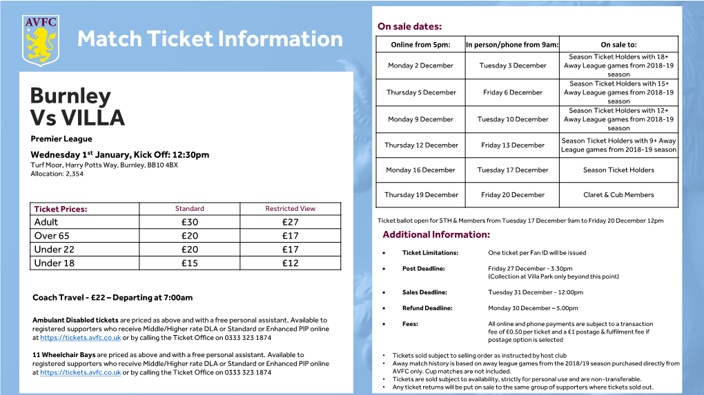 Match Ticket Information Vs VILLA Burnley