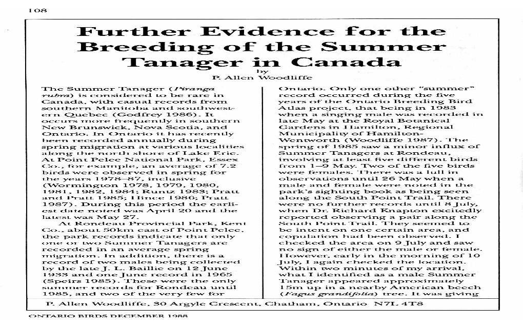 Further Evidence for the Breeding of the Summer Tanager in Canada by P