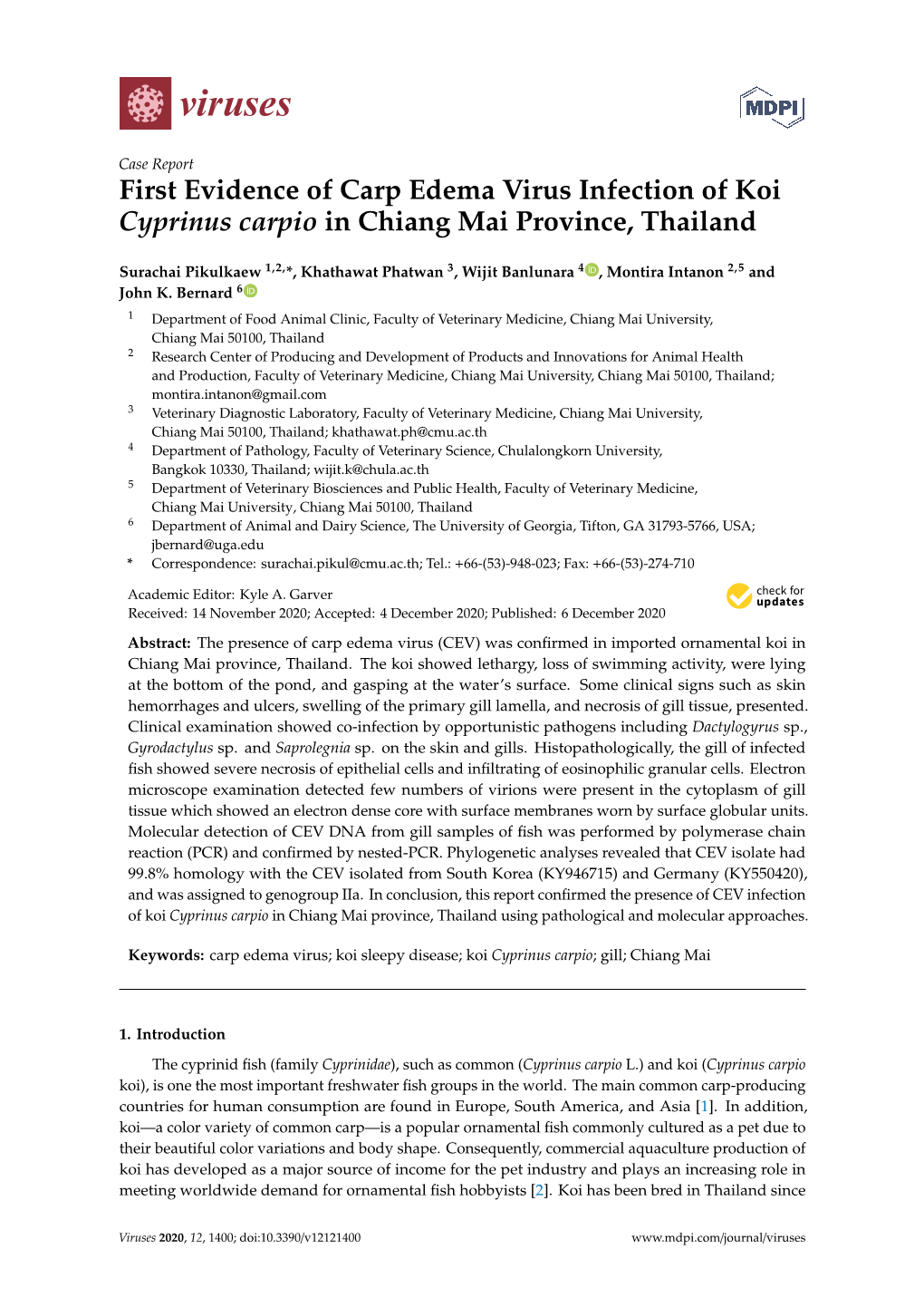 First Evidence of Carp Edema Virus Infection of Koi Cyprinus Carpio in Chiang Mai Province, Thailand