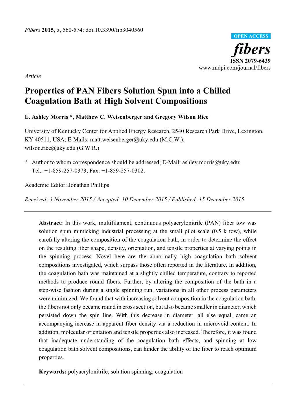 Properties of PAN Fibers Solution Spun Into a Chilled Coagulation Bath at High Solvent Compositions