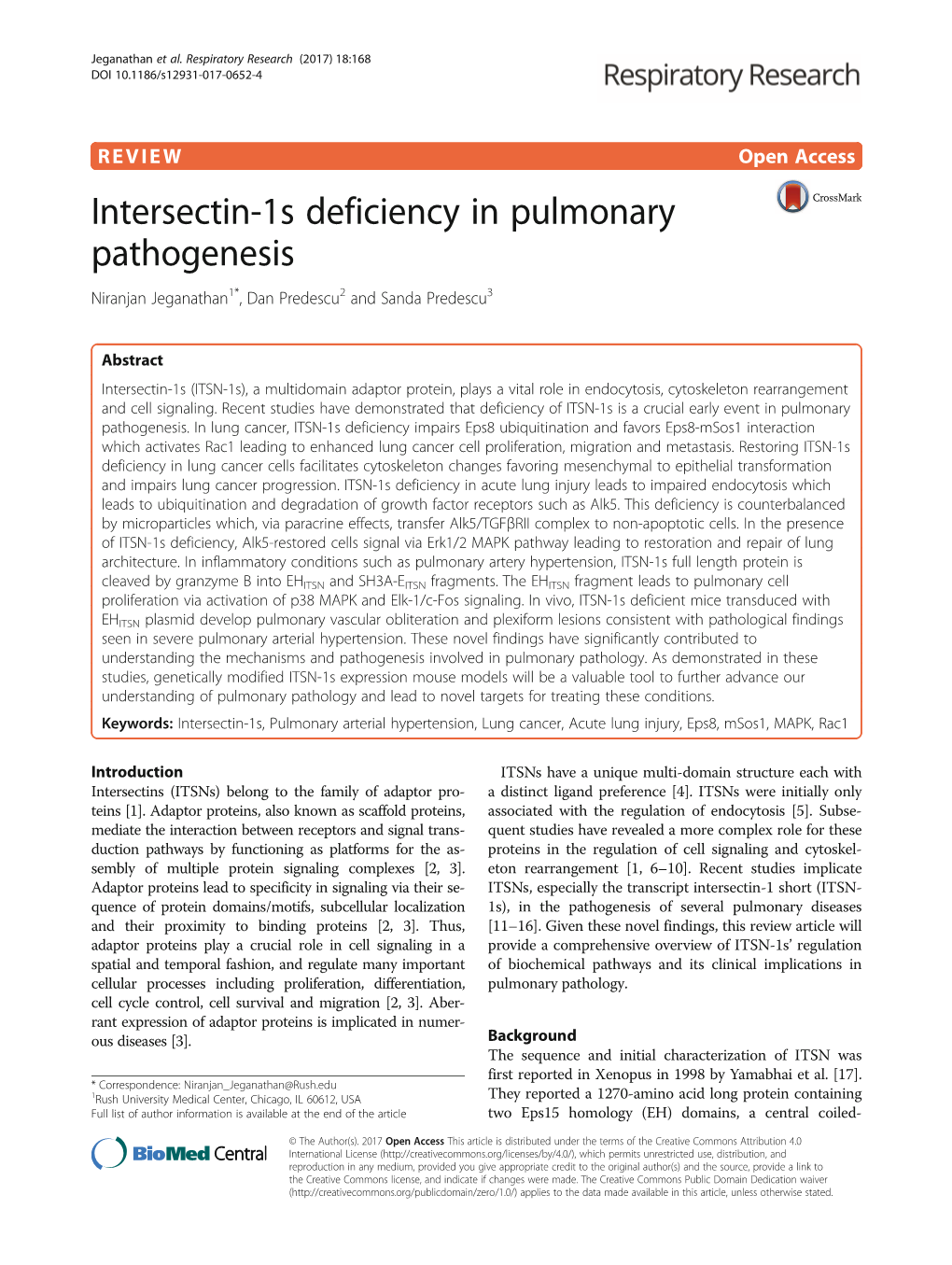 Intersectin-1S Deficiency in Pulmonary Pathogenesis Niranjan Jeganathan1*, Dan Predescu2 and Sanda Predescu3