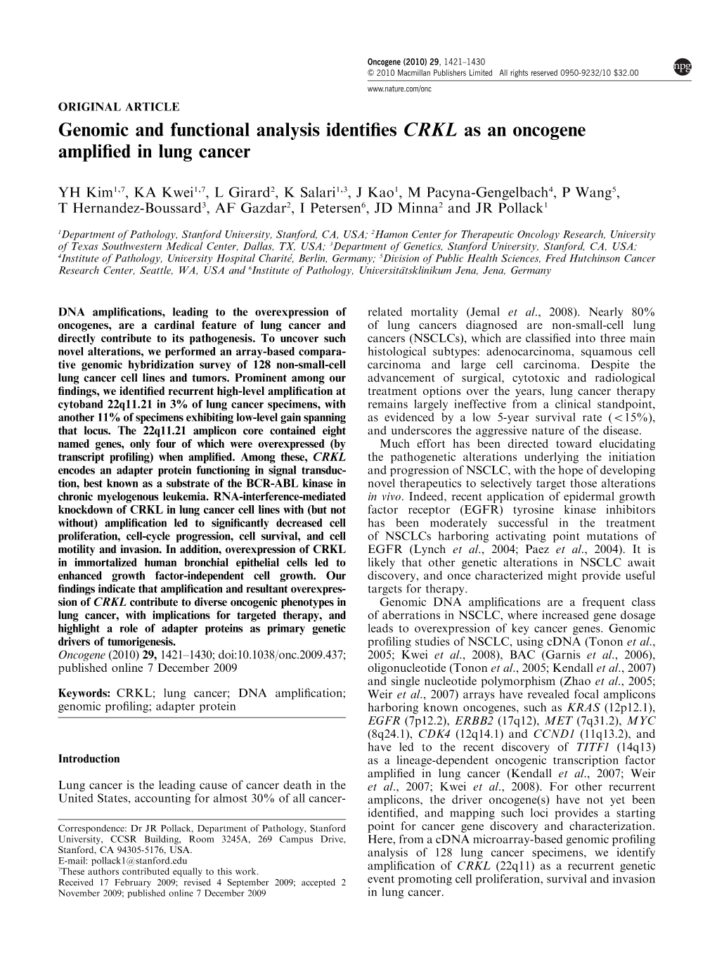 Genomic and Functional Analysis Identifies CRKL As an Oncogene