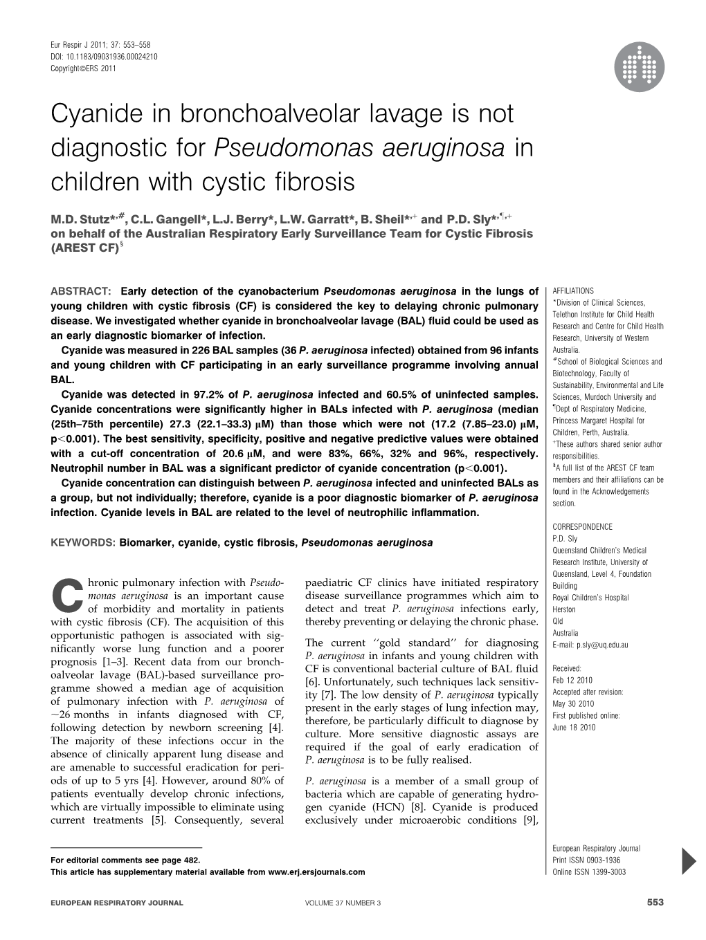 Cyanide in Bronchoalveolar Lavage Is Not Diagnostic for Pseudomonas Aeruginosa in Children with Cystic Fibrosis