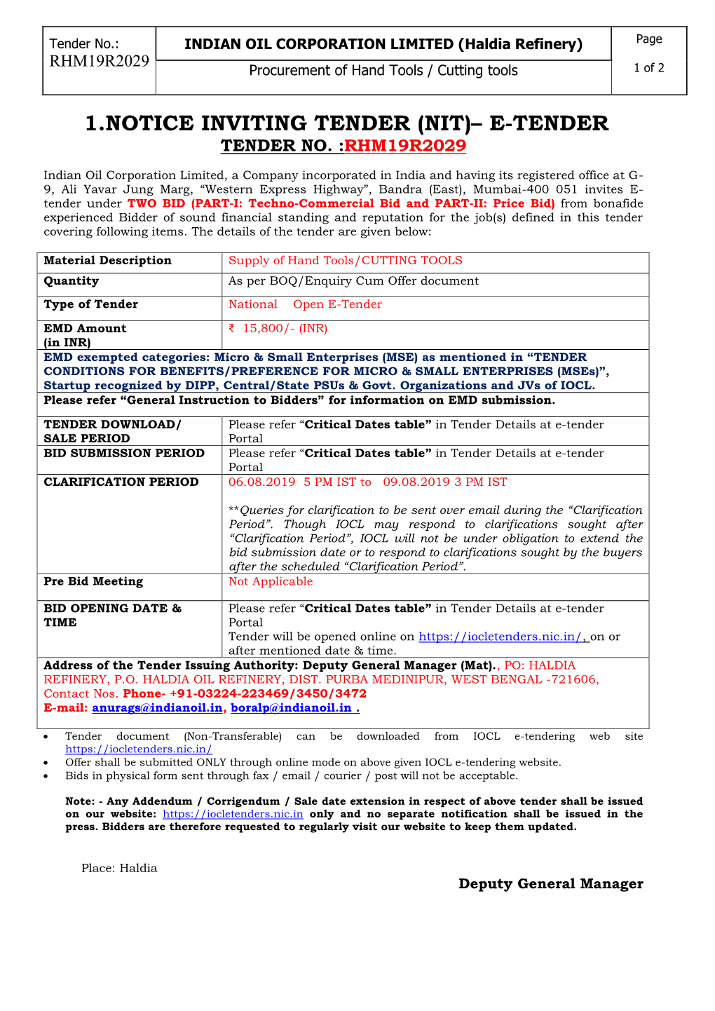 1.Notice Inviting Tender (Nit)– E-Tender Tender No