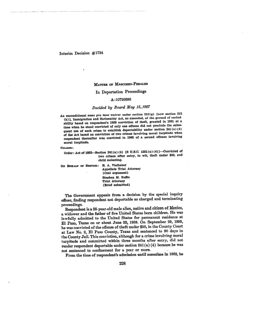 MATTER of MASCORRO-PERALES in Deportation Proceedings A-10720396 Decided by Board May 15,1967