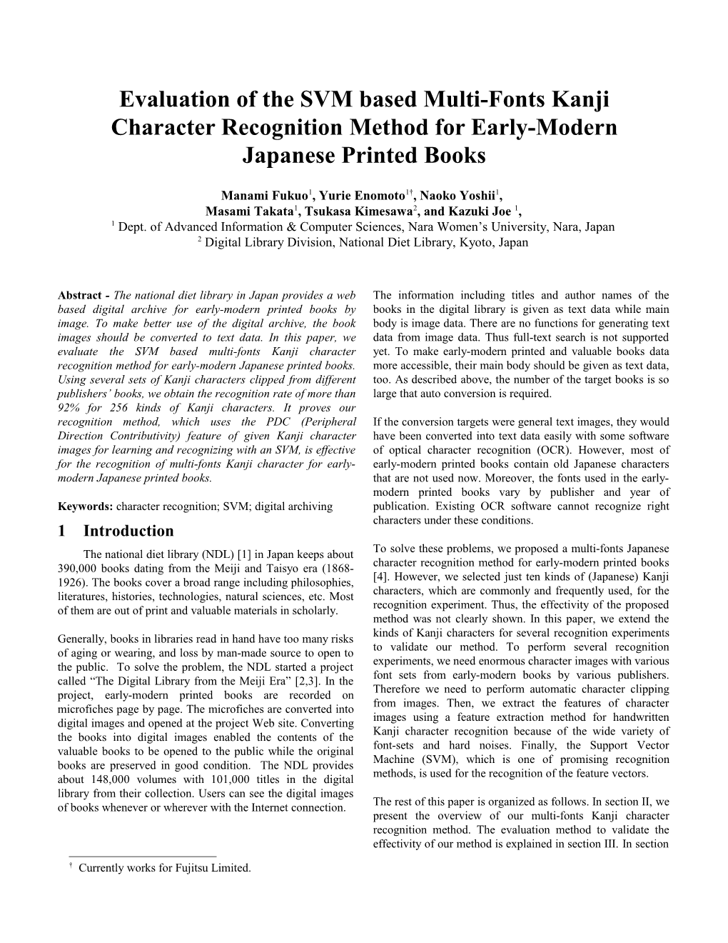 Evaluation of the SVM Based Multi-Fonts Kanji Character Recognition Method for Early-Modern Japanese Printed Books