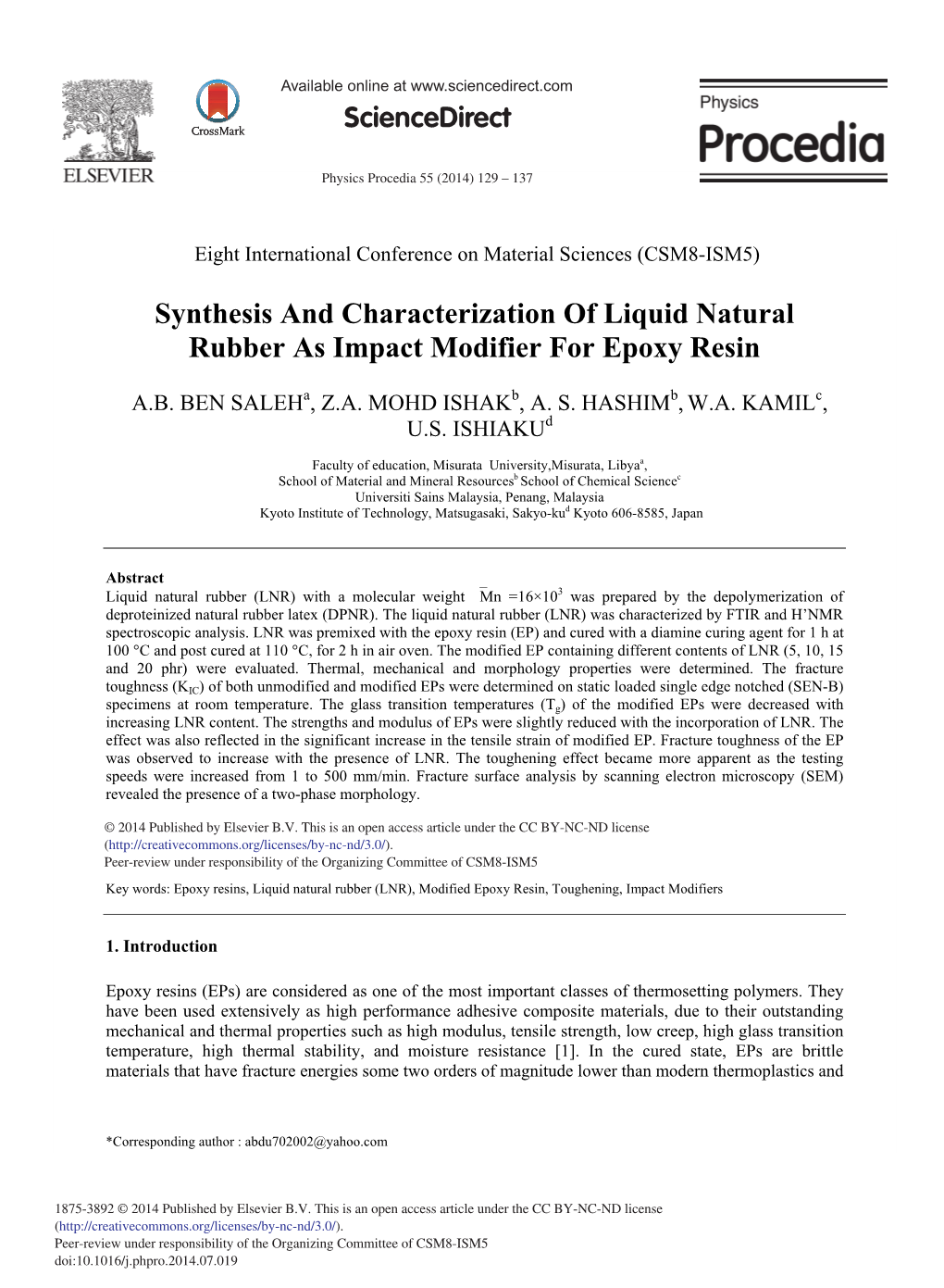 Synthesis and Characterization of Liquid Natural Rubber As Impact Modifier for Epoxy Resin