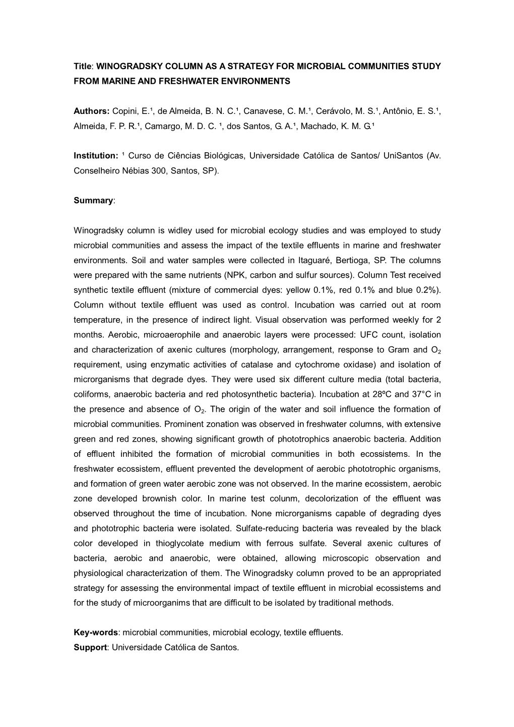 Title: WINOGRADSKY COLUMN AS a STRATEGY for MICROBIAL COMMUNITIES STUDY from MARINE and FRESHWATER ENVIRONMENTS