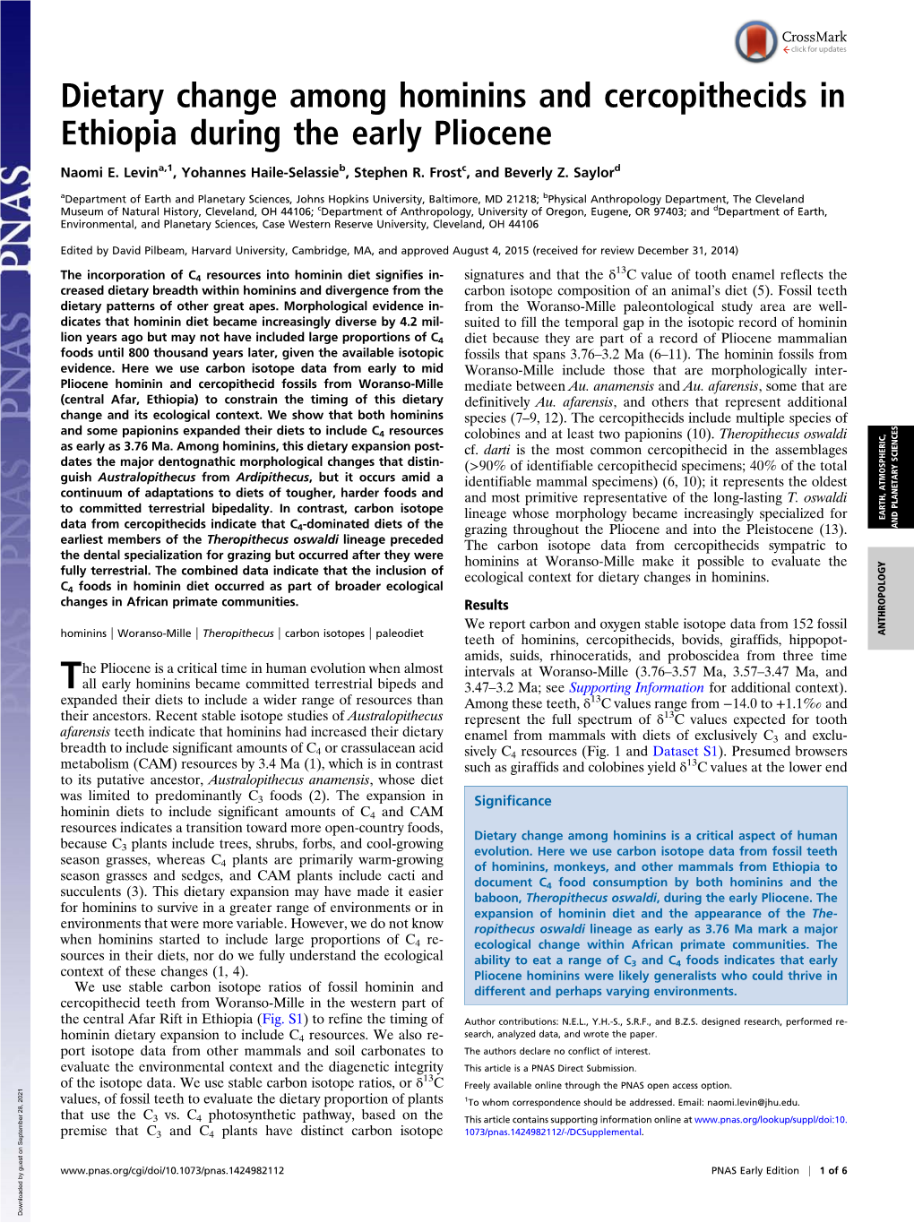 Dietary Change Among Hominins and Cercopithecids in Ethiopia During the Early Pliocene