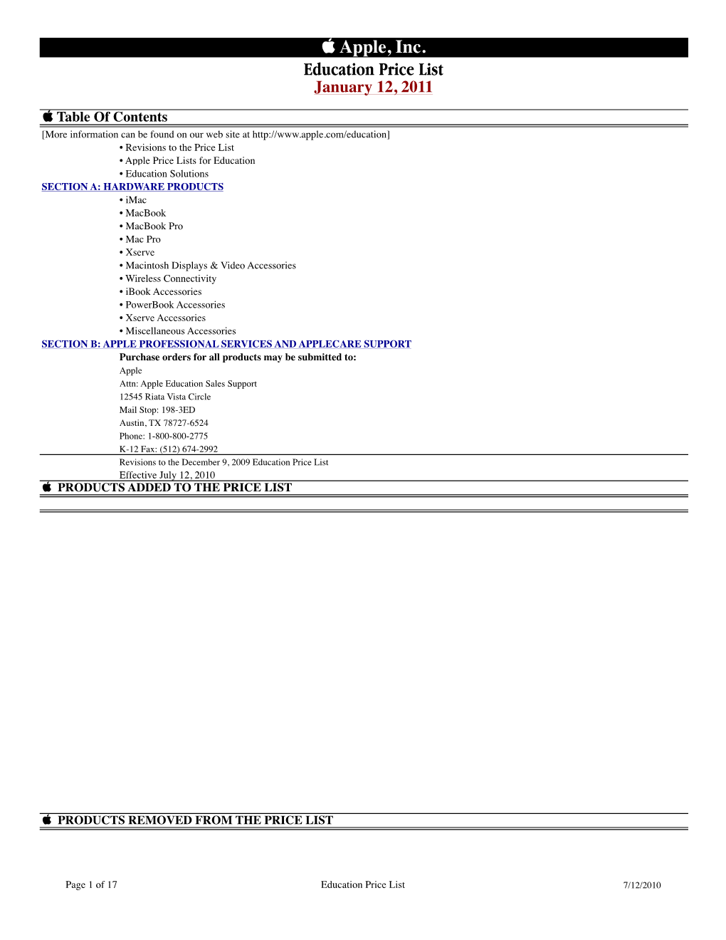 01122010 Education Price List