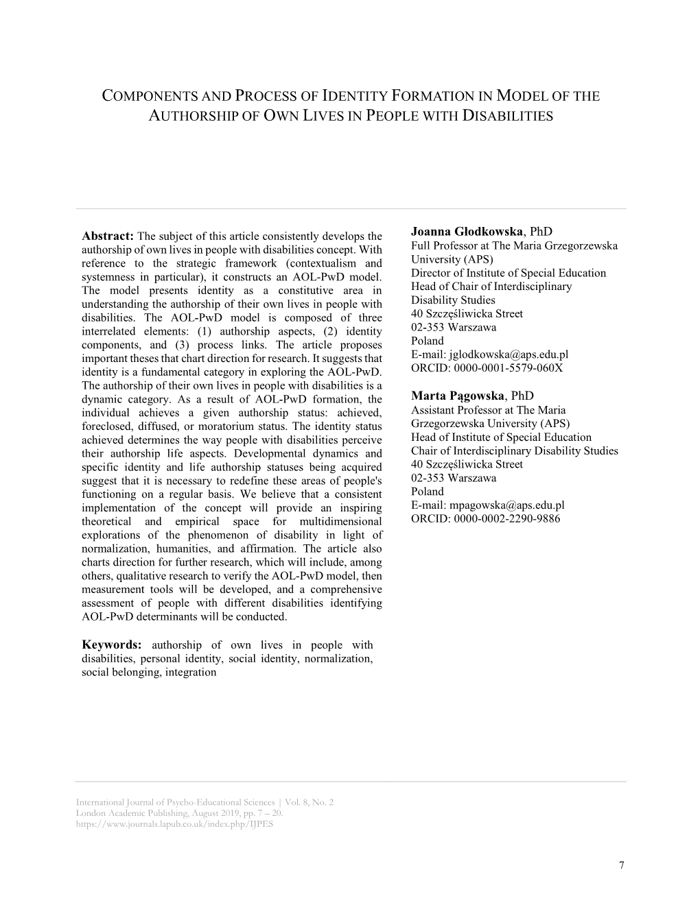 Components and Process of Identity Formation in Model of the Authorship of Own Lives in People with Disabilities