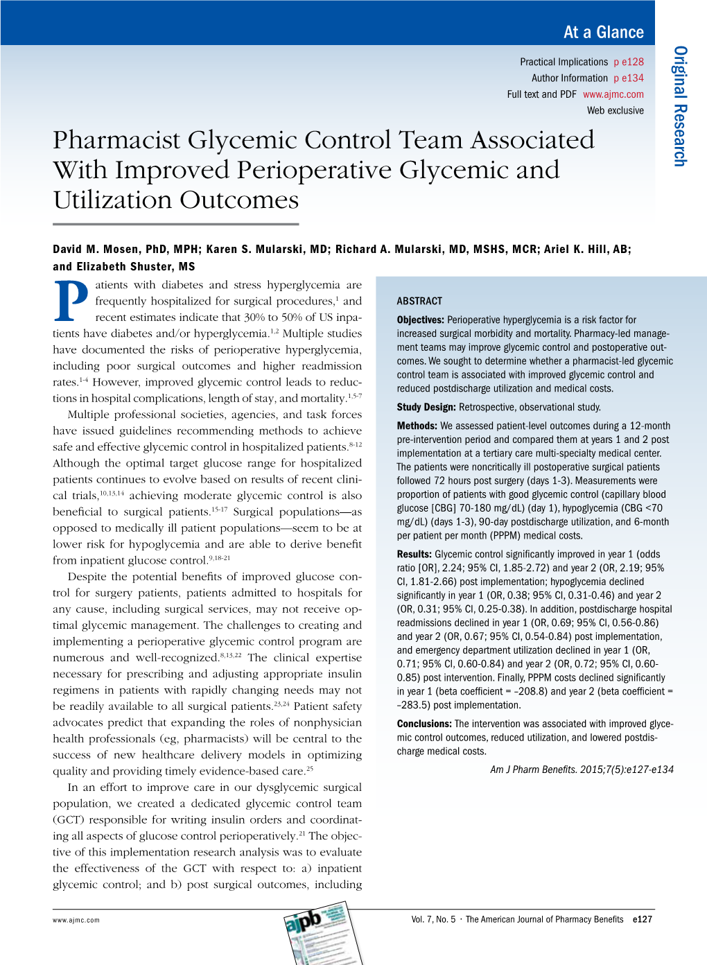 Pharmacist Glycemic Control Team Associated with Improved