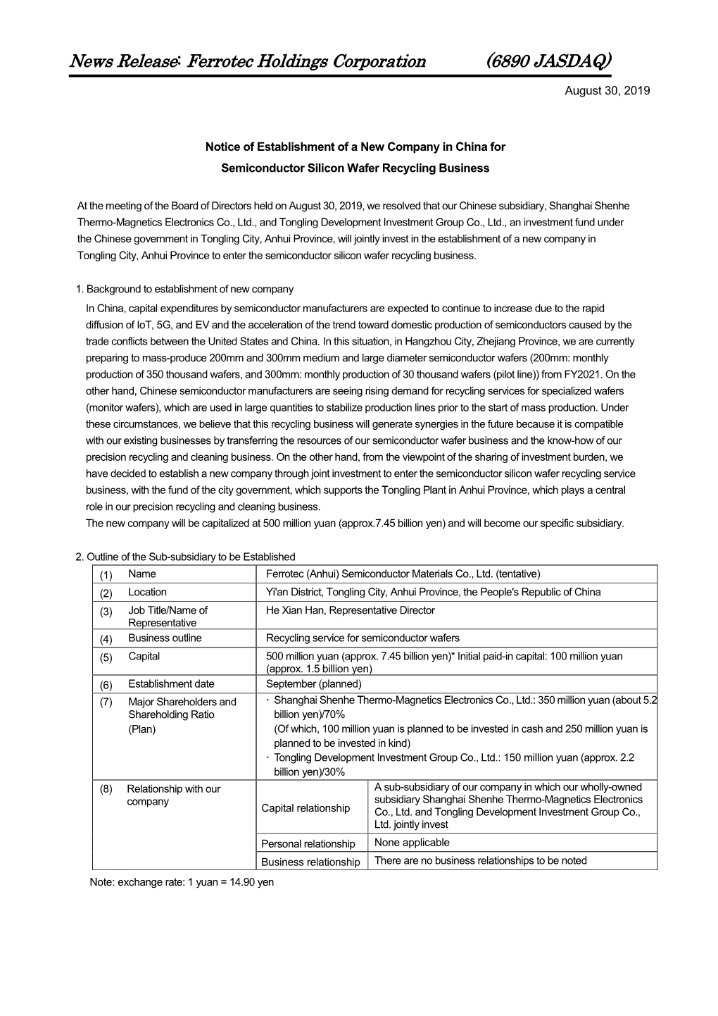 News Release: Ferrotec Holdings Corporation (6890 JASDAQ)