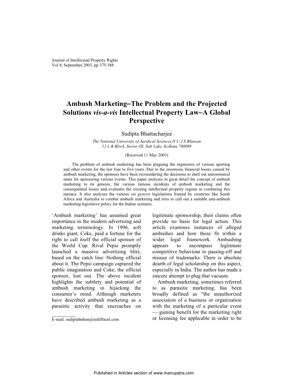 Ambush Marketing-The Problem and the Projected Solutions Vis-A-Vis