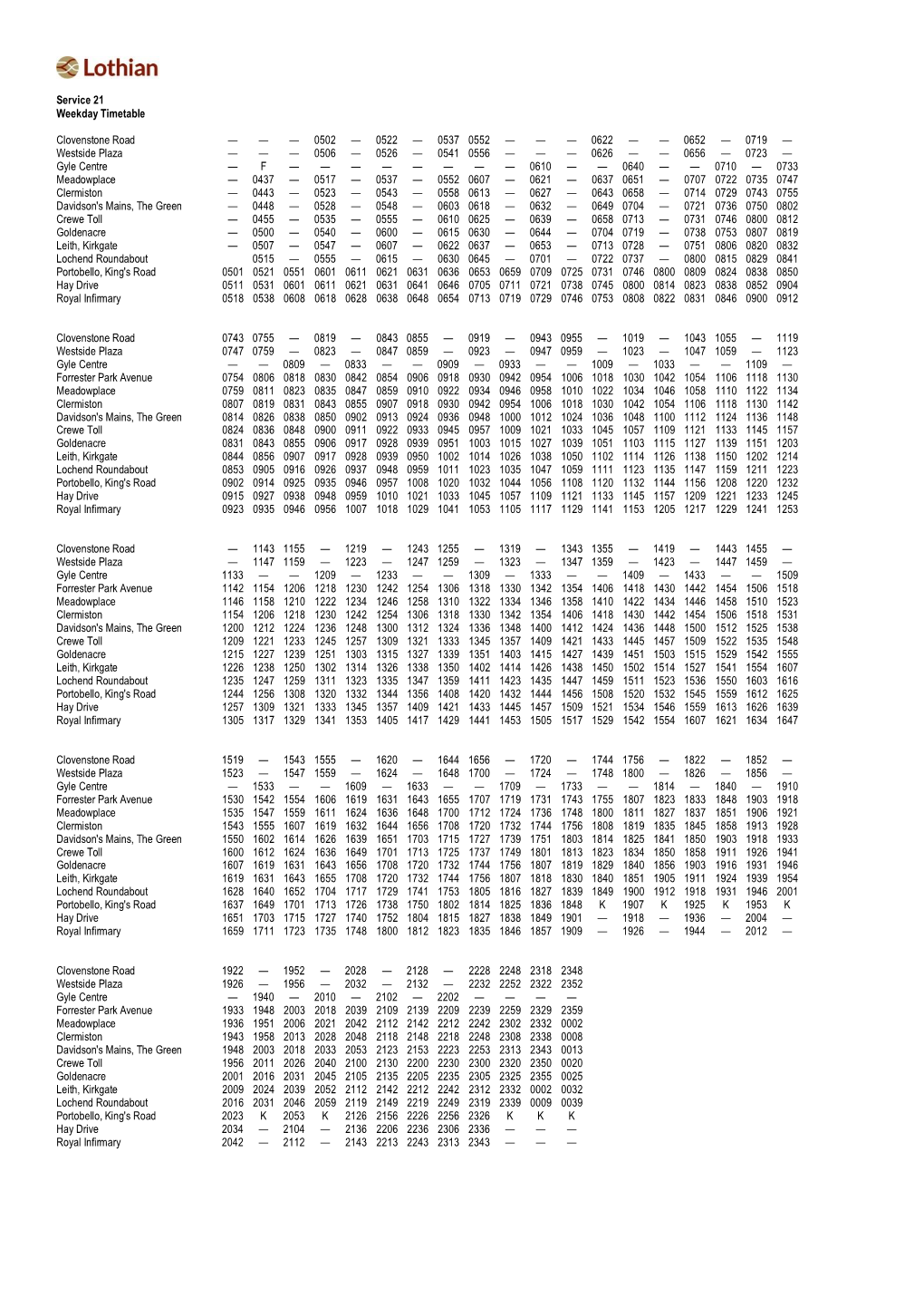 Service 21 Weekday Timetable