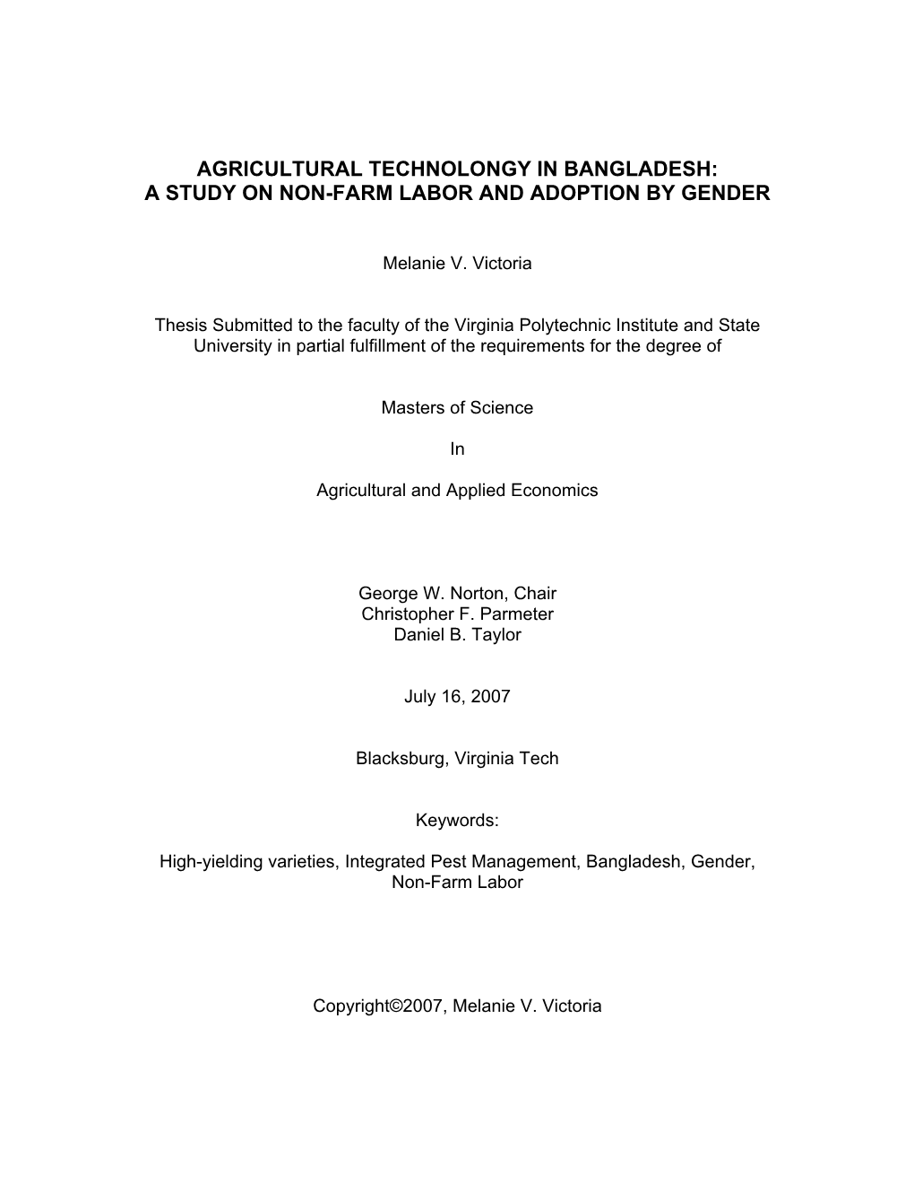 Agricultural Technolongy in Bangladesh: a Study on Non-Farm Labor and Adoption by Gender