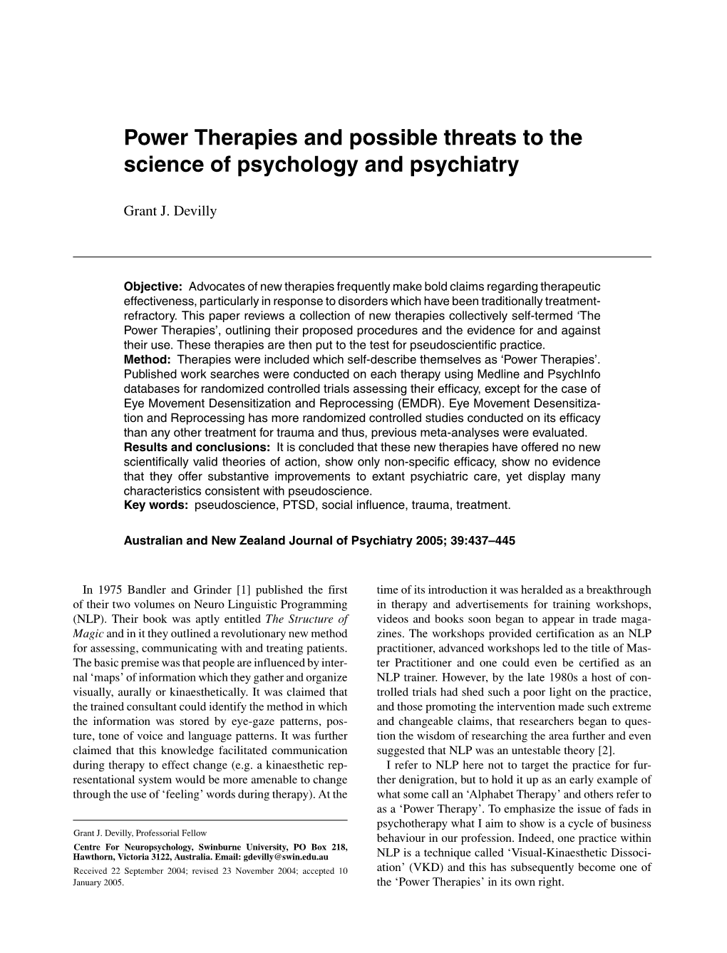 Power Therapies and Possible Threats to the Science of Psychology and Psychiatry