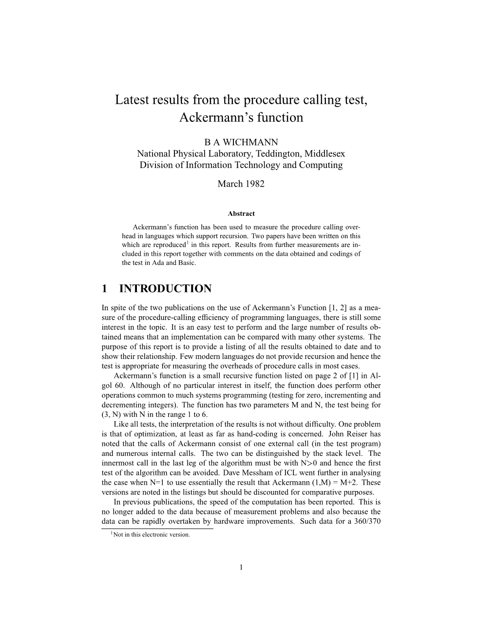 Latest Results from the Procedure Calling Test, Ackermann's Function