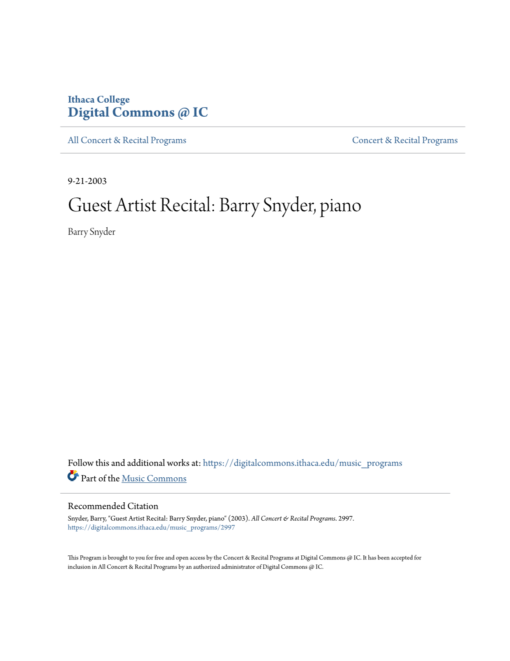 Guest Artist Recital: Barry Snyder, Piano Barry Snyder