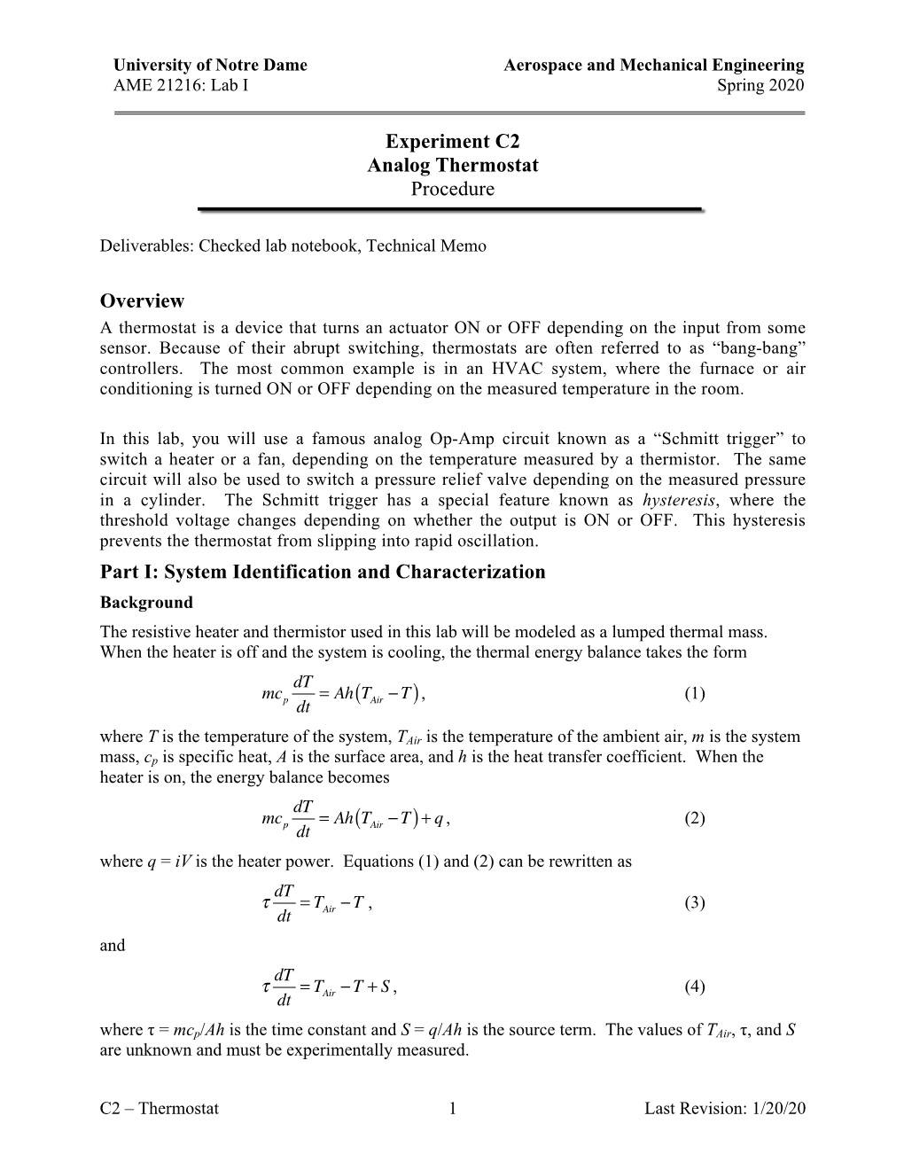 Experiment C2 Analog Thermostat Procedure