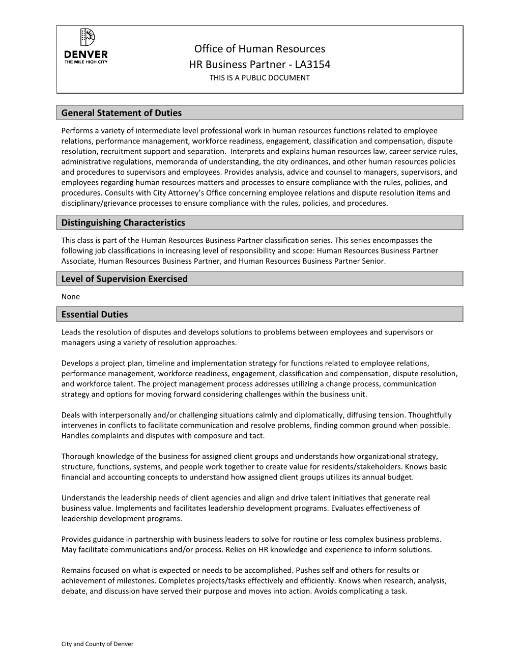 Office of Human Resources HR Business Partner - LA3154 THIS IS a PUBLIC DOCUMENT