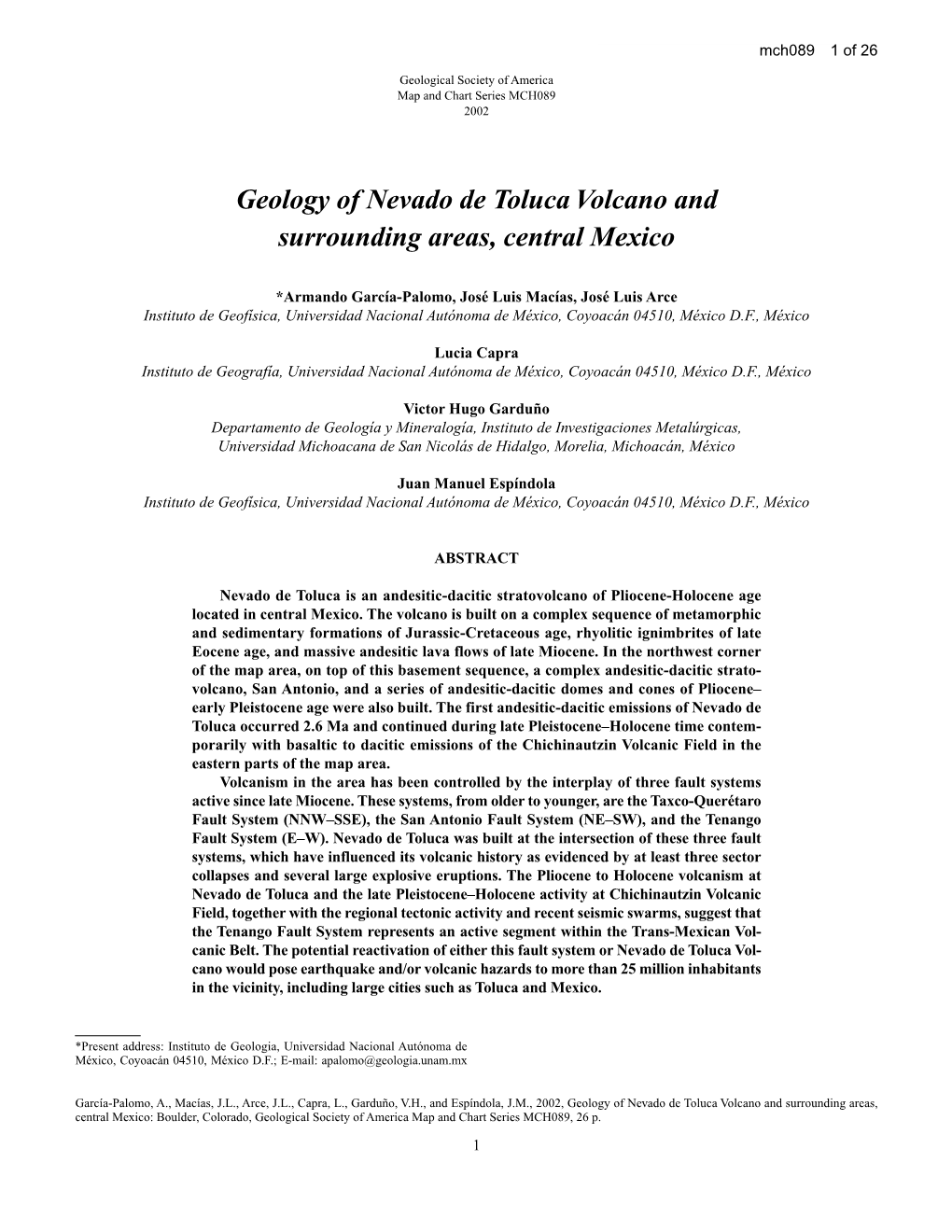 Geology of Nevado De Toluca Volcano and Surrounding Areas, Central Mexico